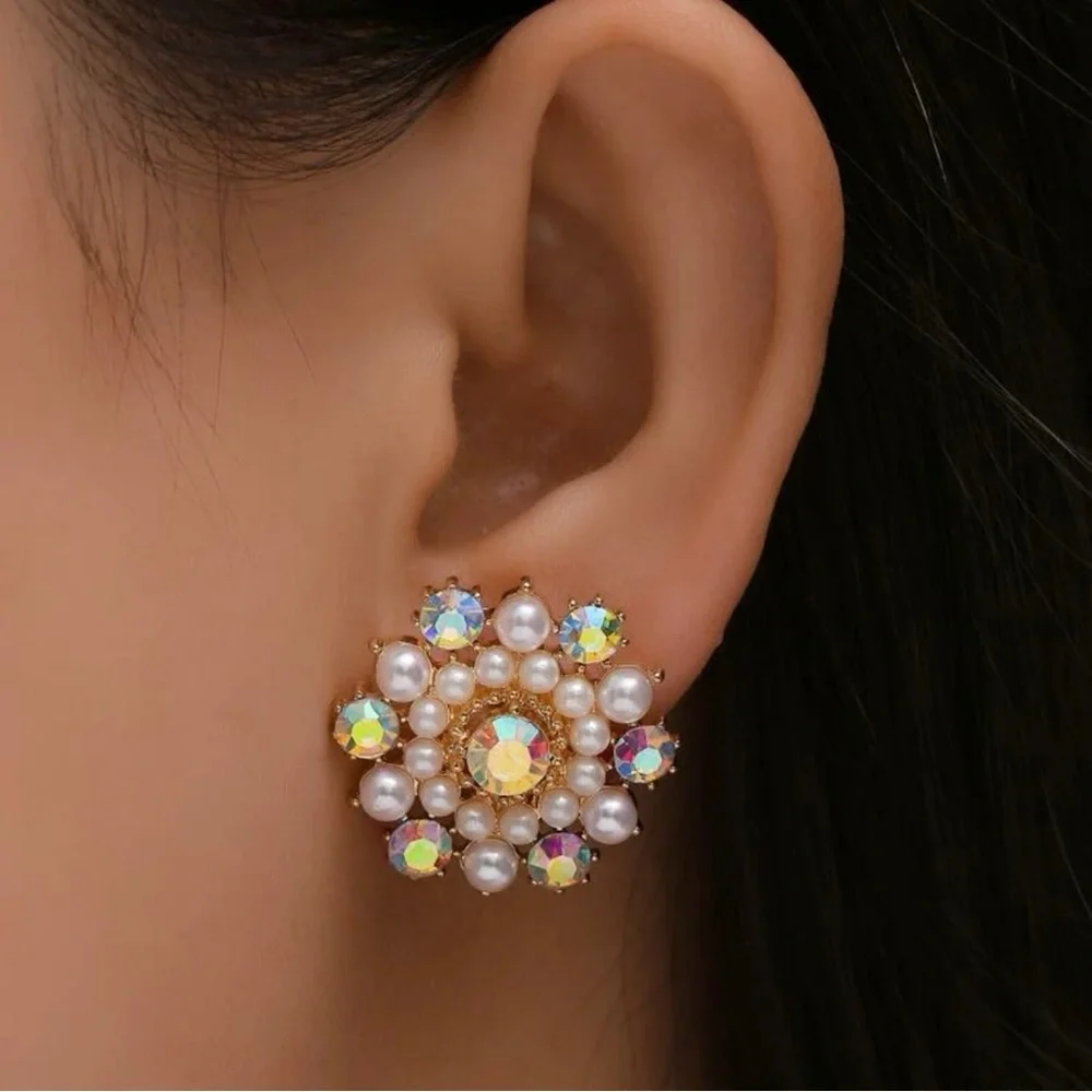 Faux Pearl Iridescent Rhinestone Stud Earrings